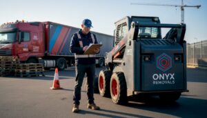 Coordinator organising heavy machinery move outdoors
