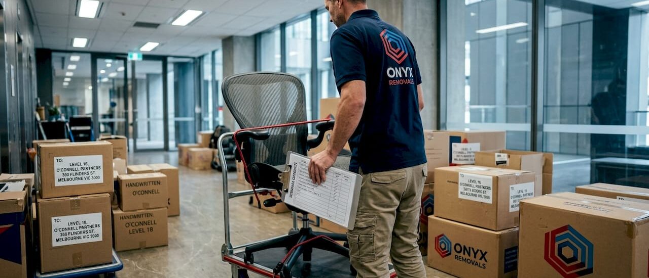 Removalist moving office chair in Melbourne lobby