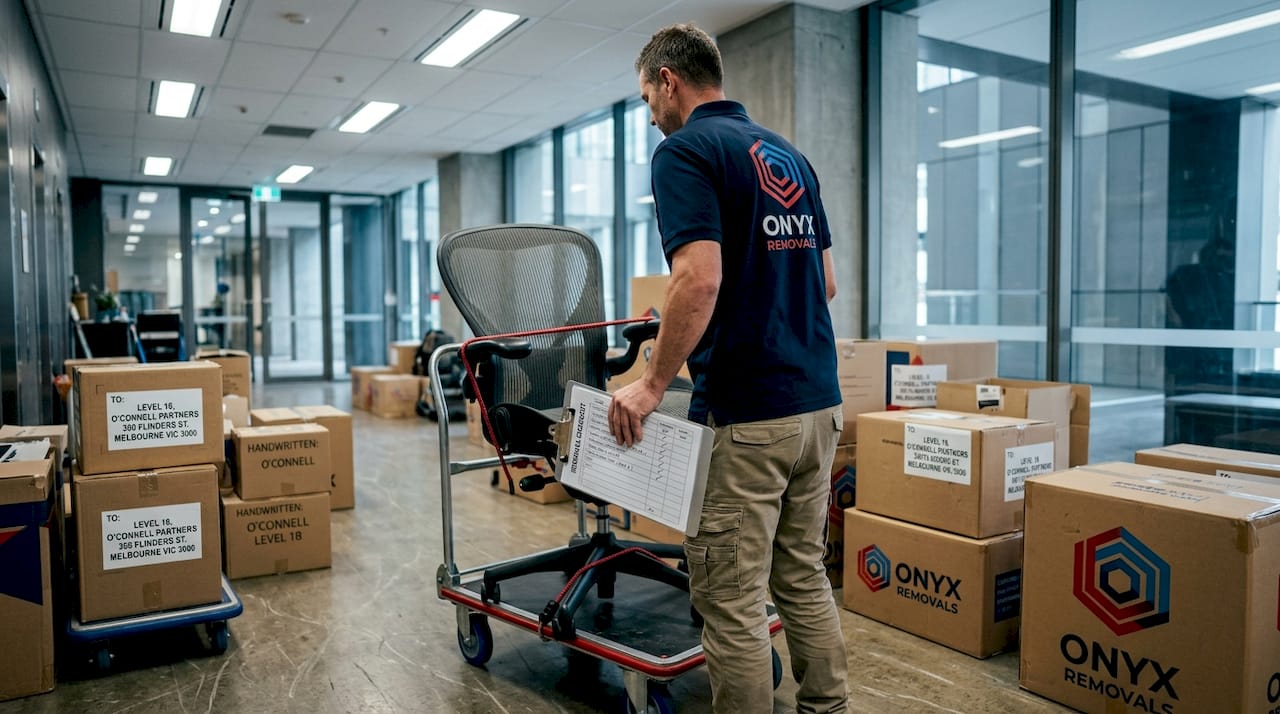 Removalist moving office chair in Melbourne lobby