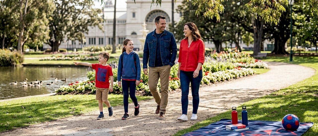 Family walking in Melbourne park gardens