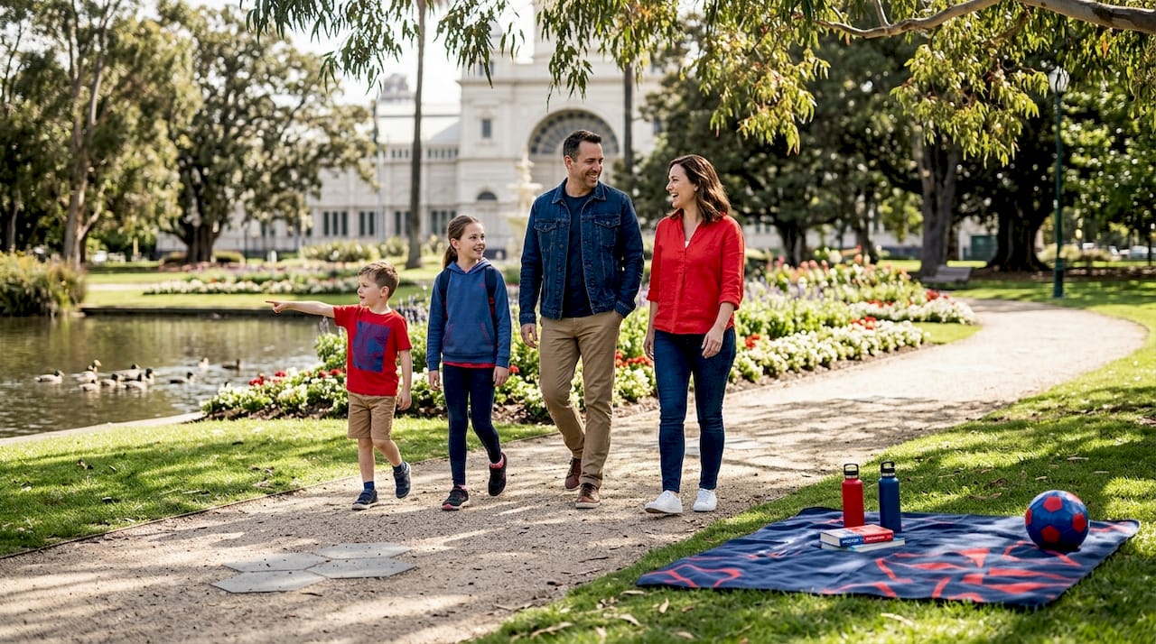 Family walking in Melbourne park gardens