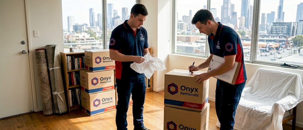 Packing team wrapping items in Melbourne apartment