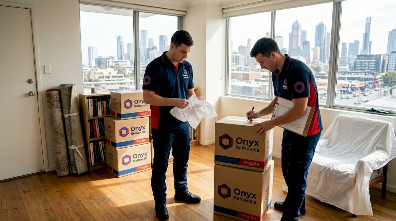 Packing team wrapping items in Melbourne apartment