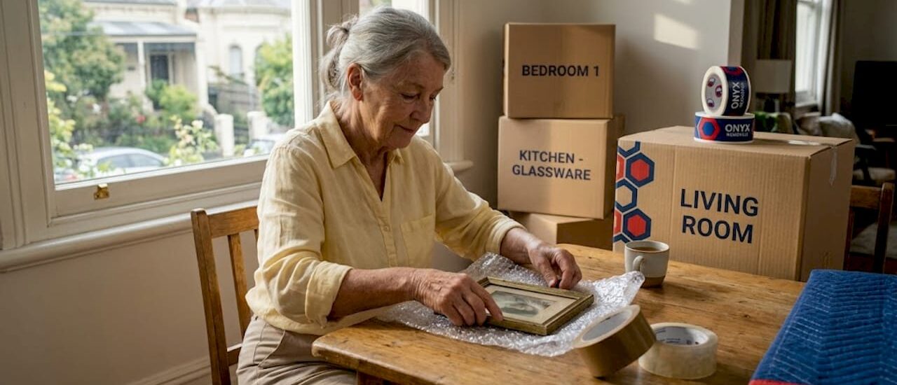 Elderly woman packing in Melbourne apartment