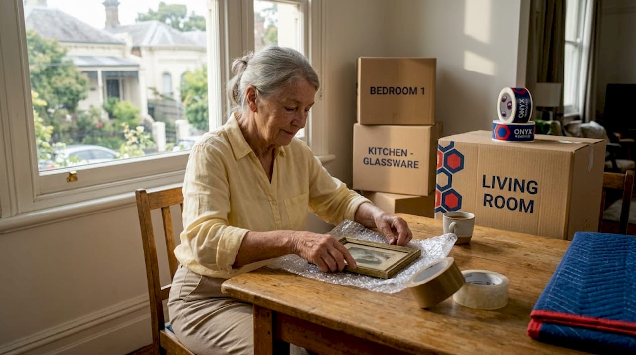Elderly woman packing in Melbourne apartment