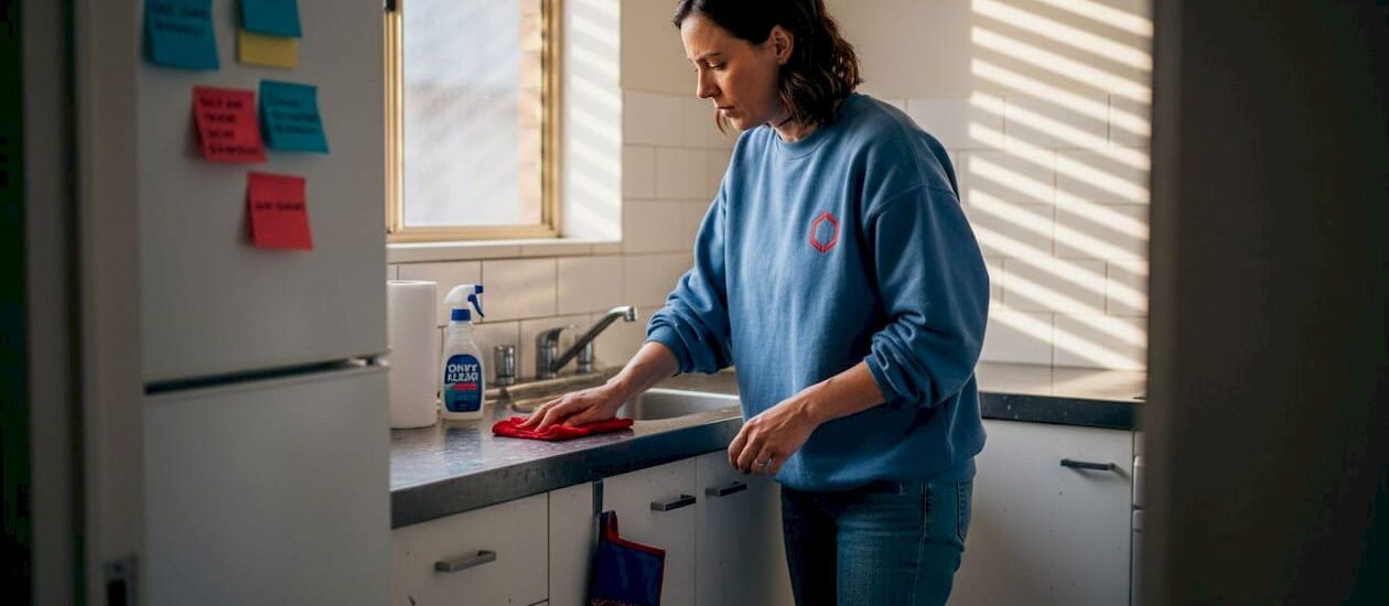 Tenant cleaning kitchen in Melbourne apartment