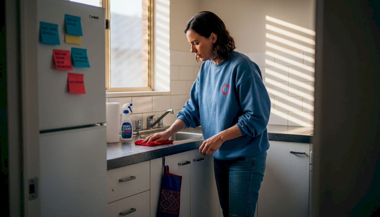 Tenant cleaning kitchen in Melbourne apartment