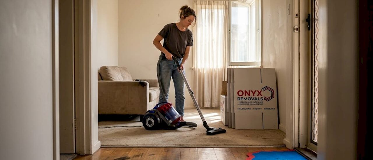 Tenant vacuuming living room before moving out
