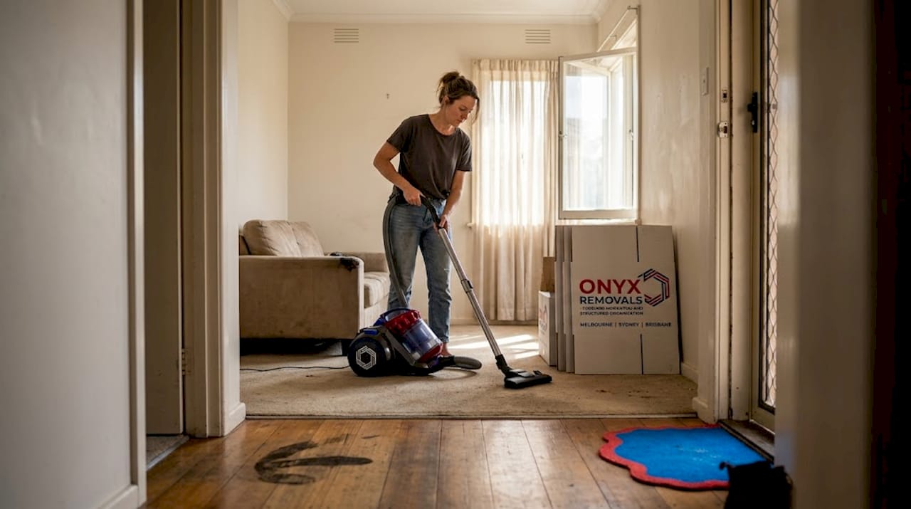 Tenant vacuuming living room before moving out