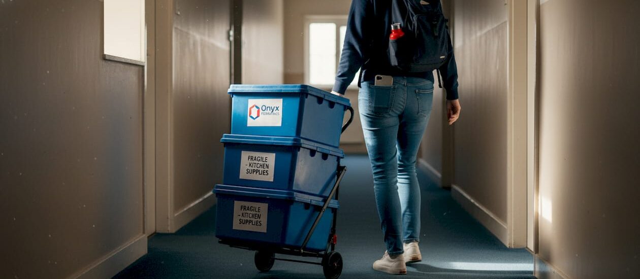 Carrying stack of moving boxes in Melbourne apartment
