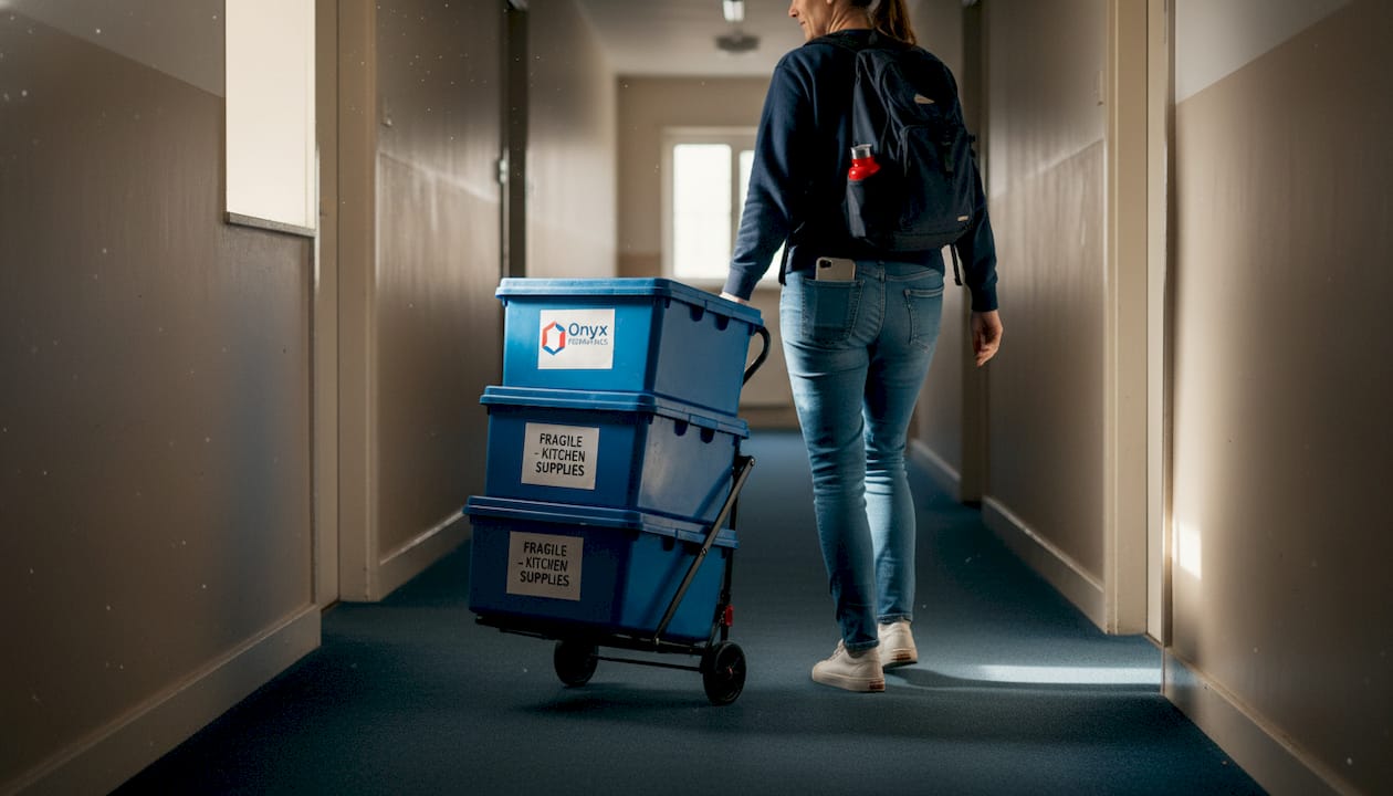 Carrying stack of moving boxes in Melbourne apartment