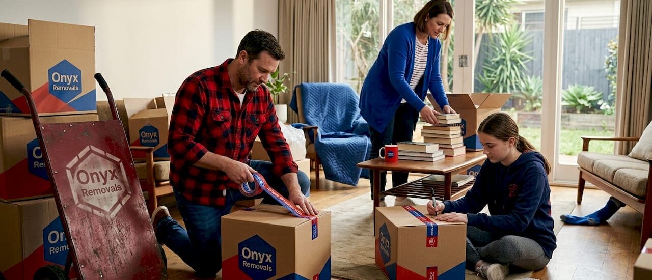 Family preparing boxes in Melbourne home