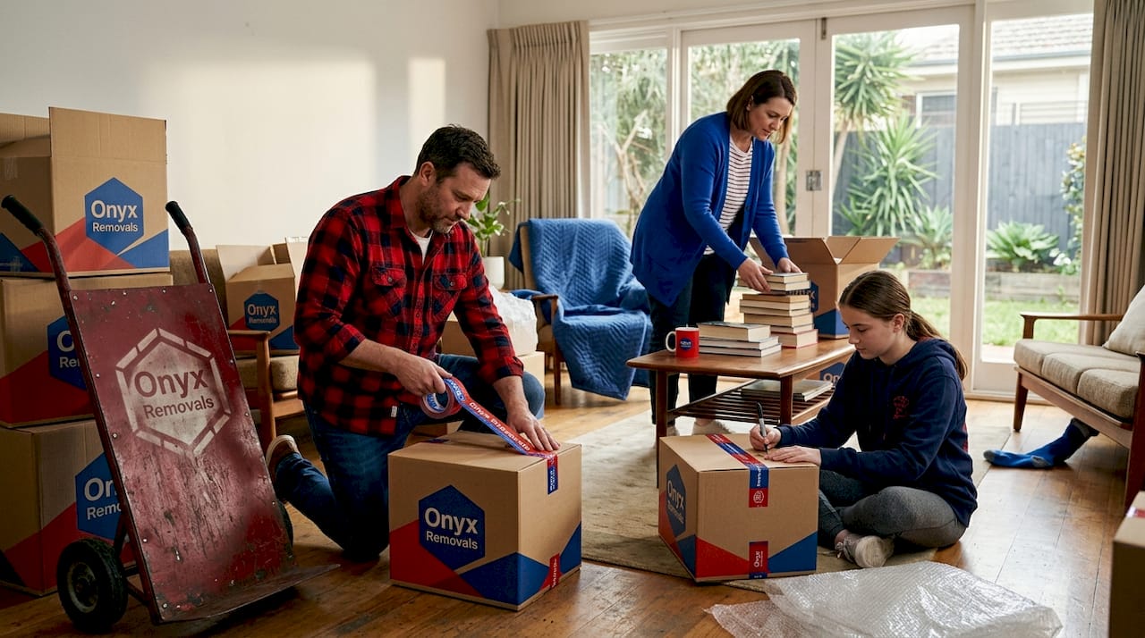 Family preparing boxes in Melbourne home