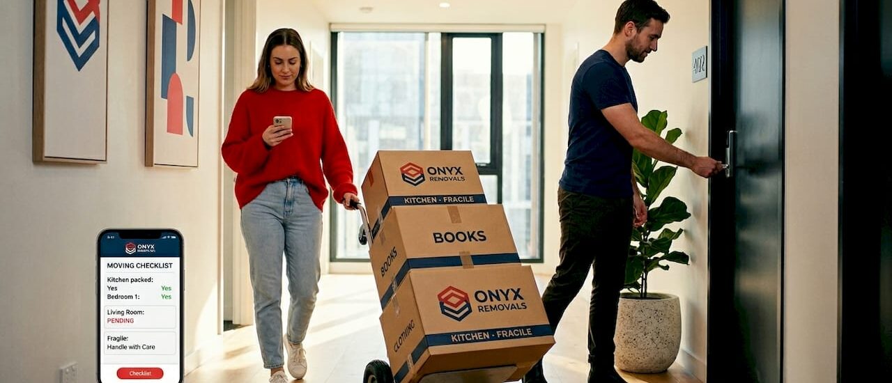 Couple moving boxes in Melbourne apartment hallway