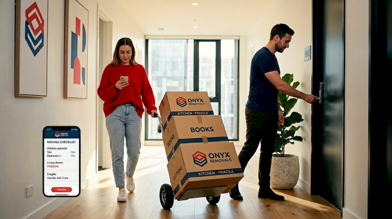 Couple moving boxes in Melbourne apartment hallway