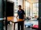 Removalist unloads furniture in Melbourne CBD lobby