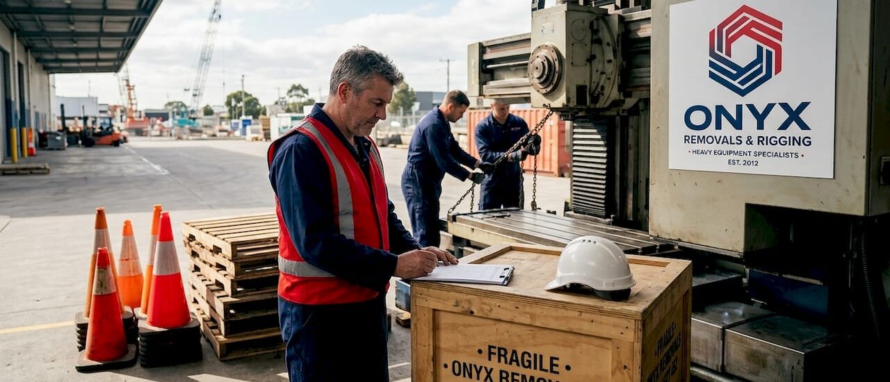 Supervisor guiding heavy machinery moving in warehouse