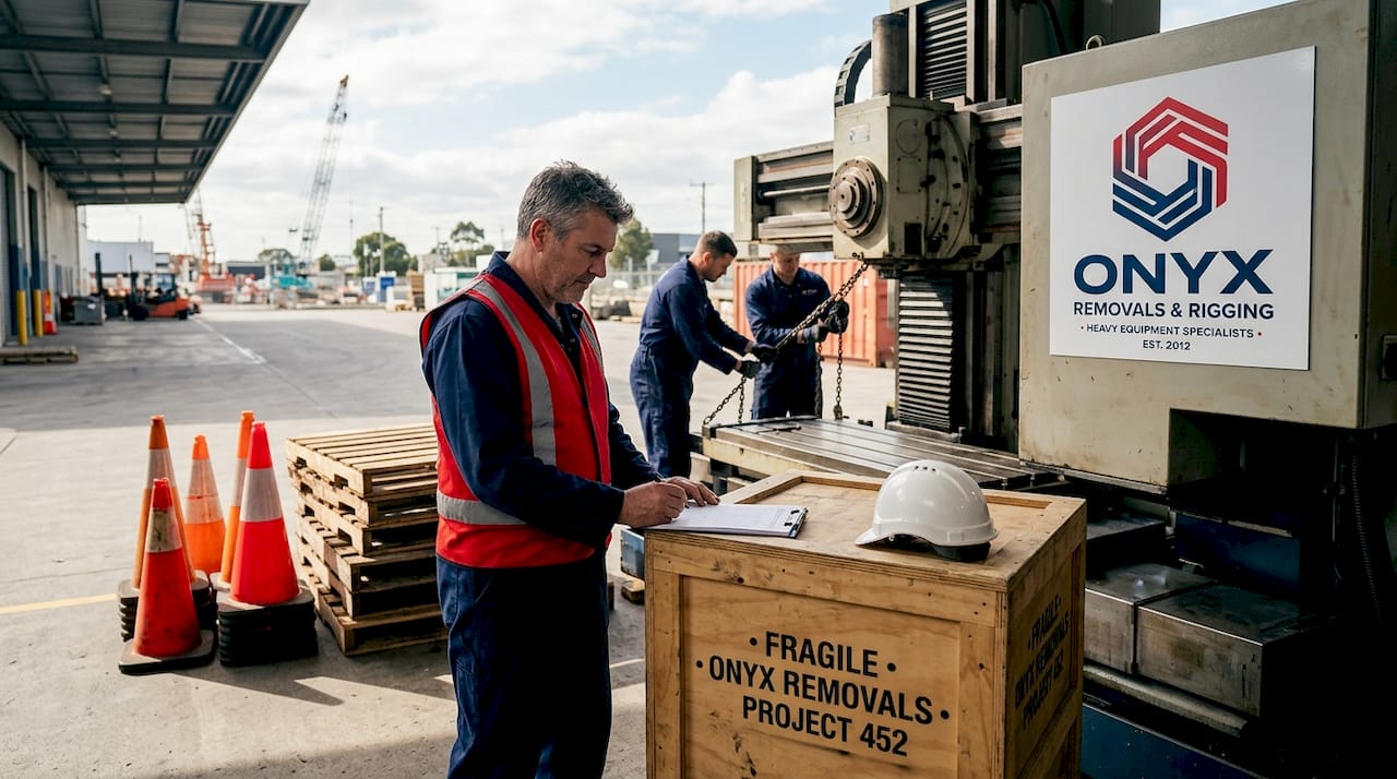 Supervisor guiding heavy machinery moving in warehouse