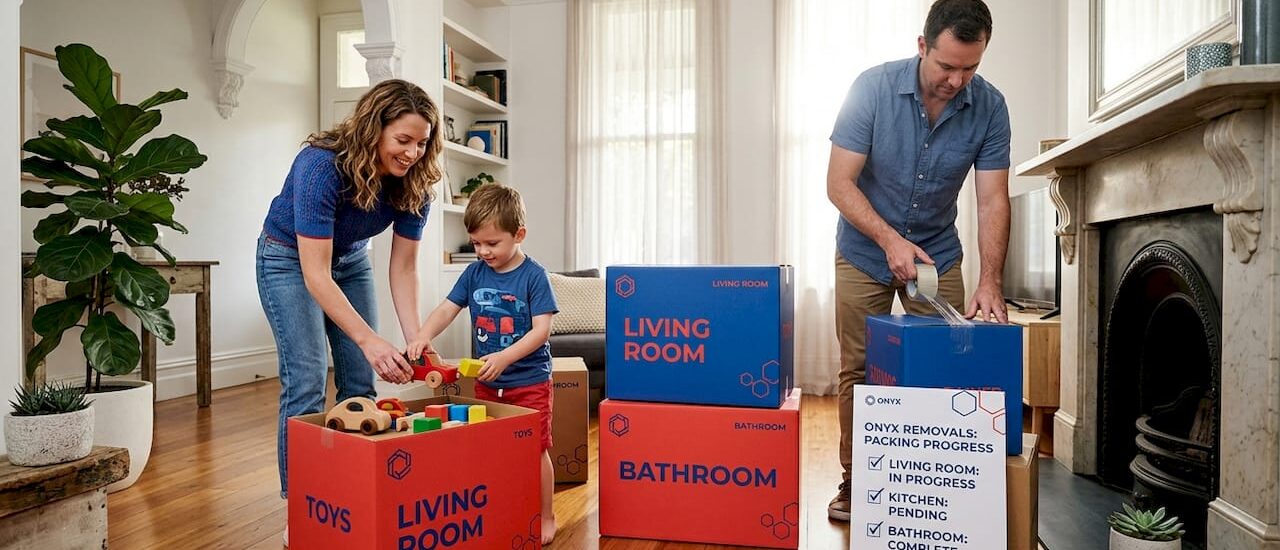 Family packing boxes in Melbourne apartment