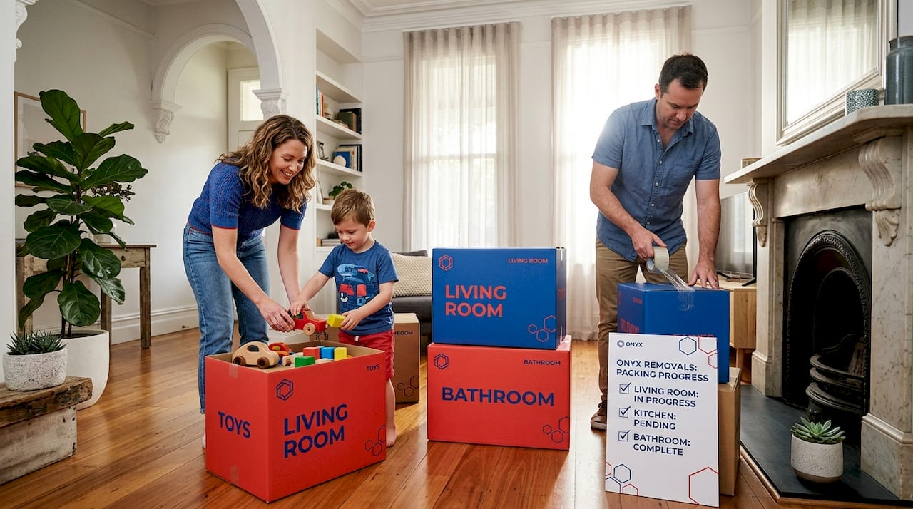 Family packing boxes in Melbourne apartment
