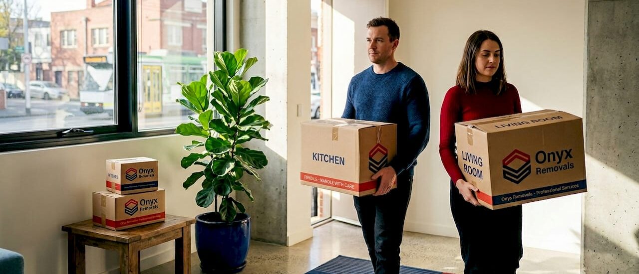 Melbourne couple carrying boxes on moving day
