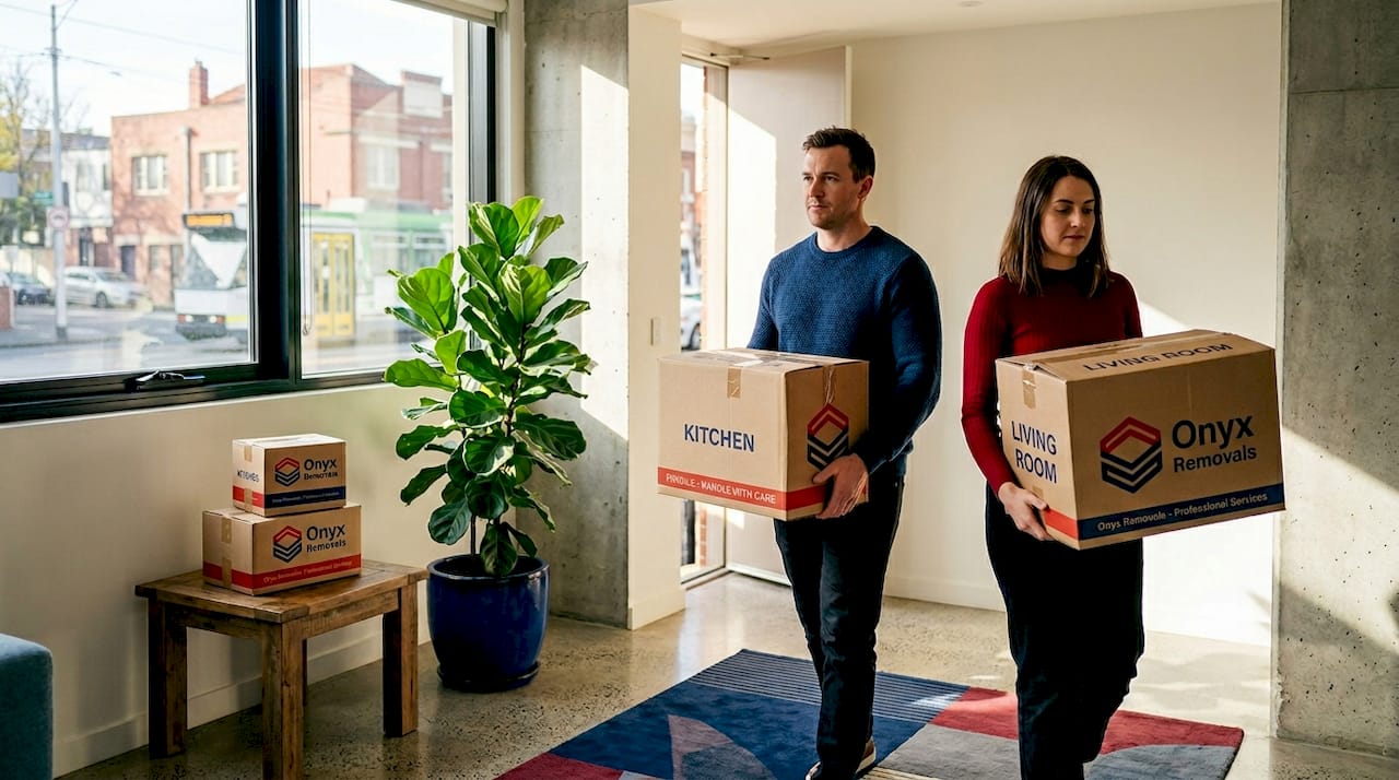 Melbourne couple carrying boxes on moving day