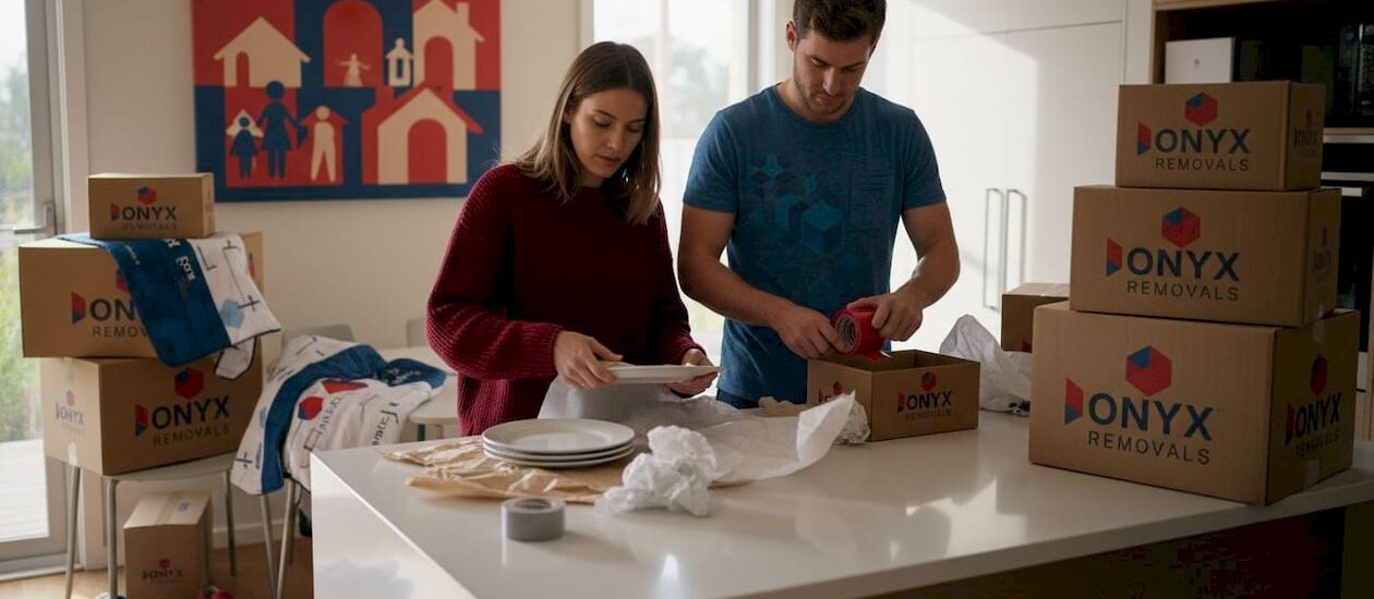 Couple packing moving boxes in living room