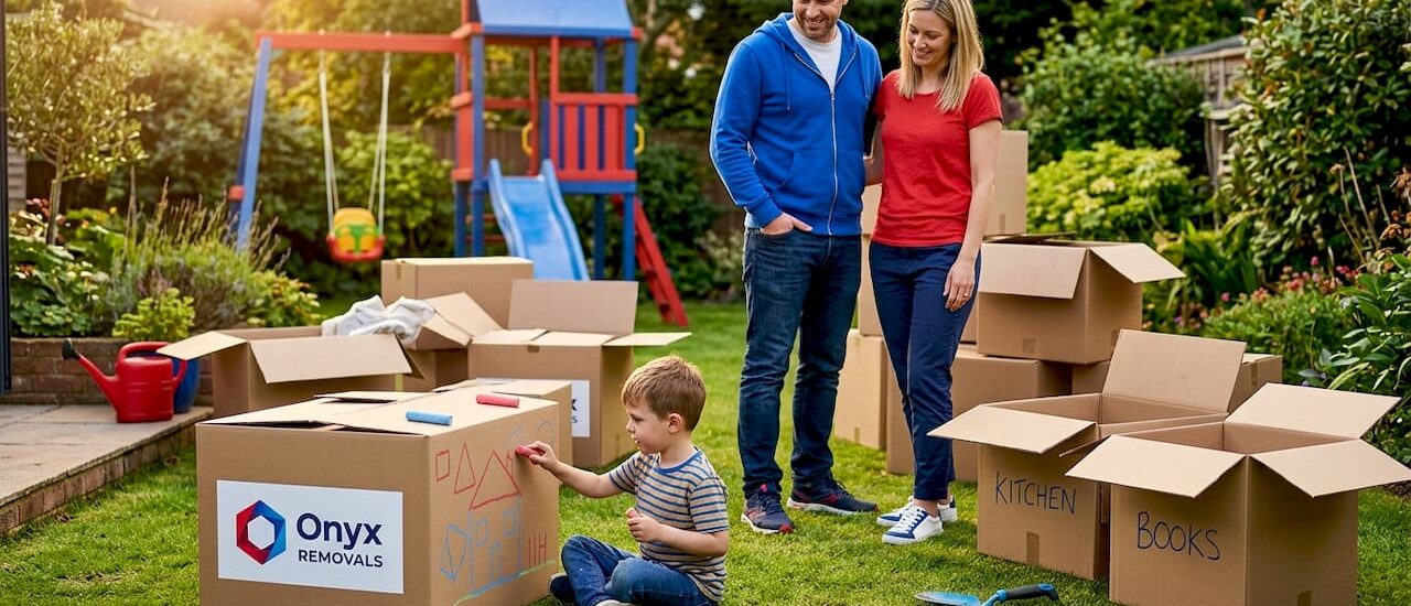 Family packing boxes in sunlit living room
