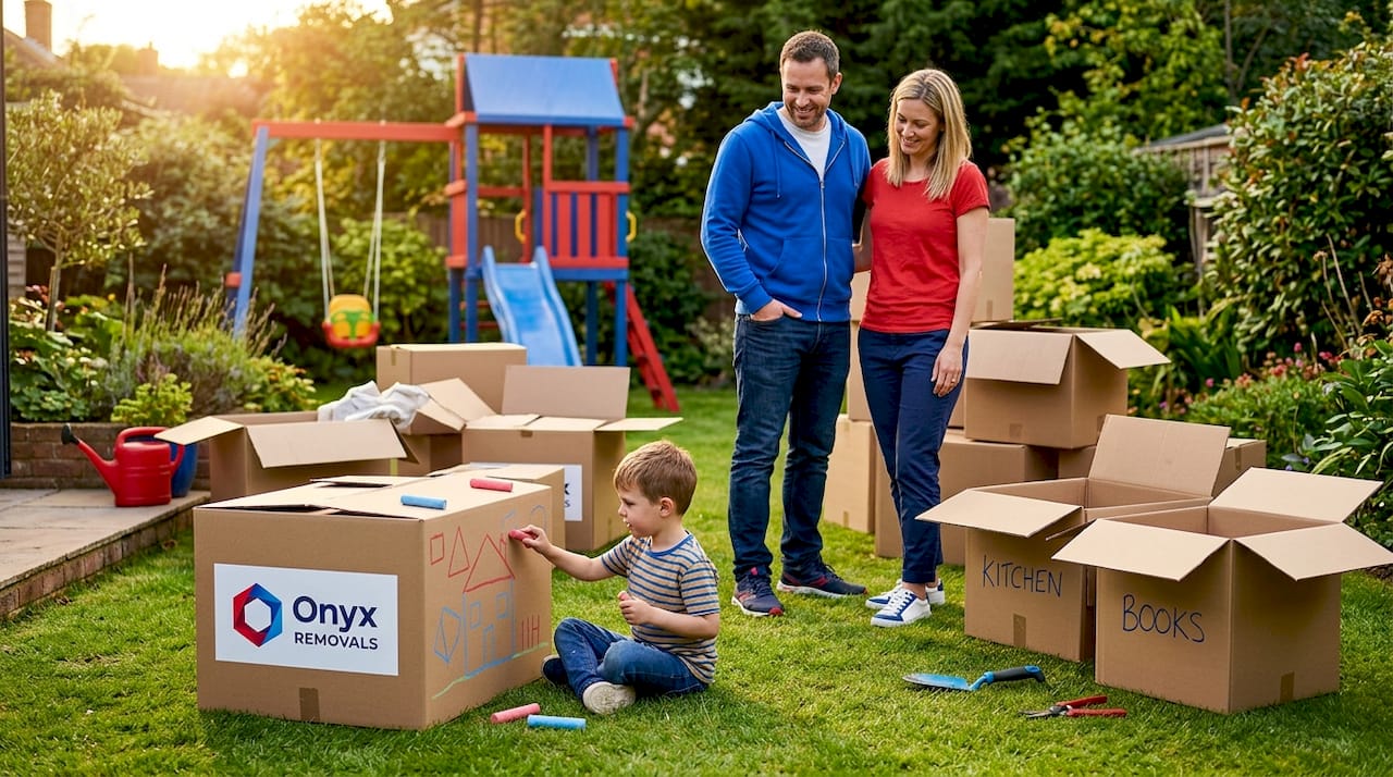 Family packing boxes in sunlit living room