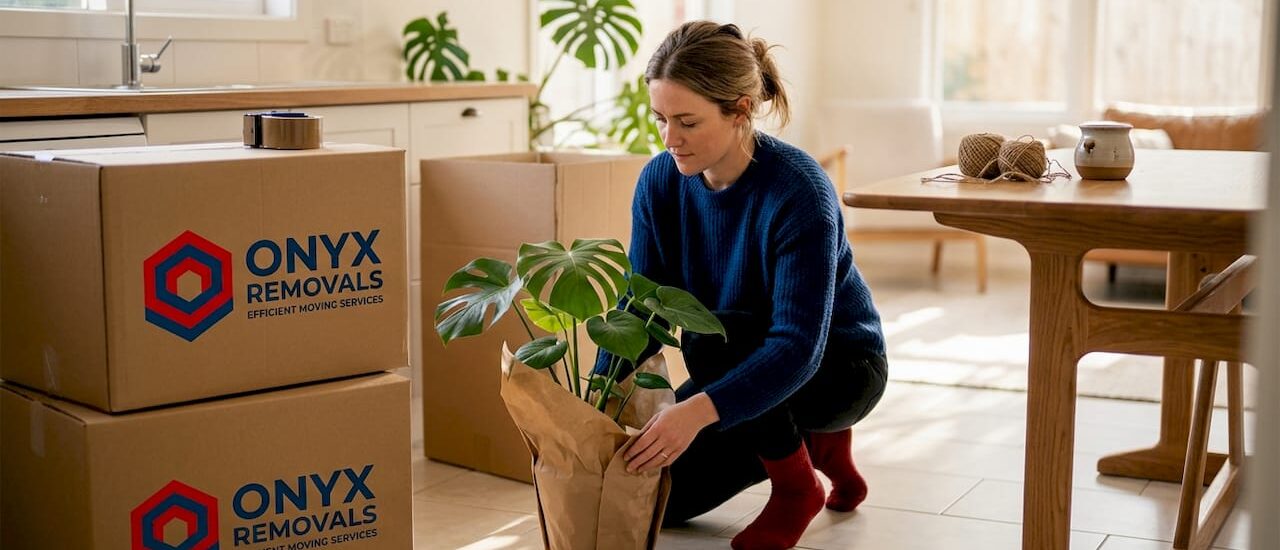 Packing leafy houseplant in sunlit living room