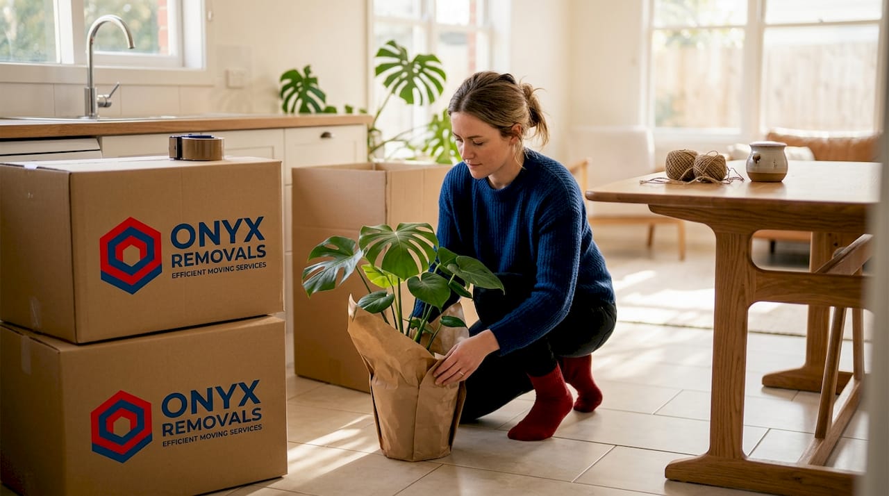 Packing leafy houseplant in sunlit living room