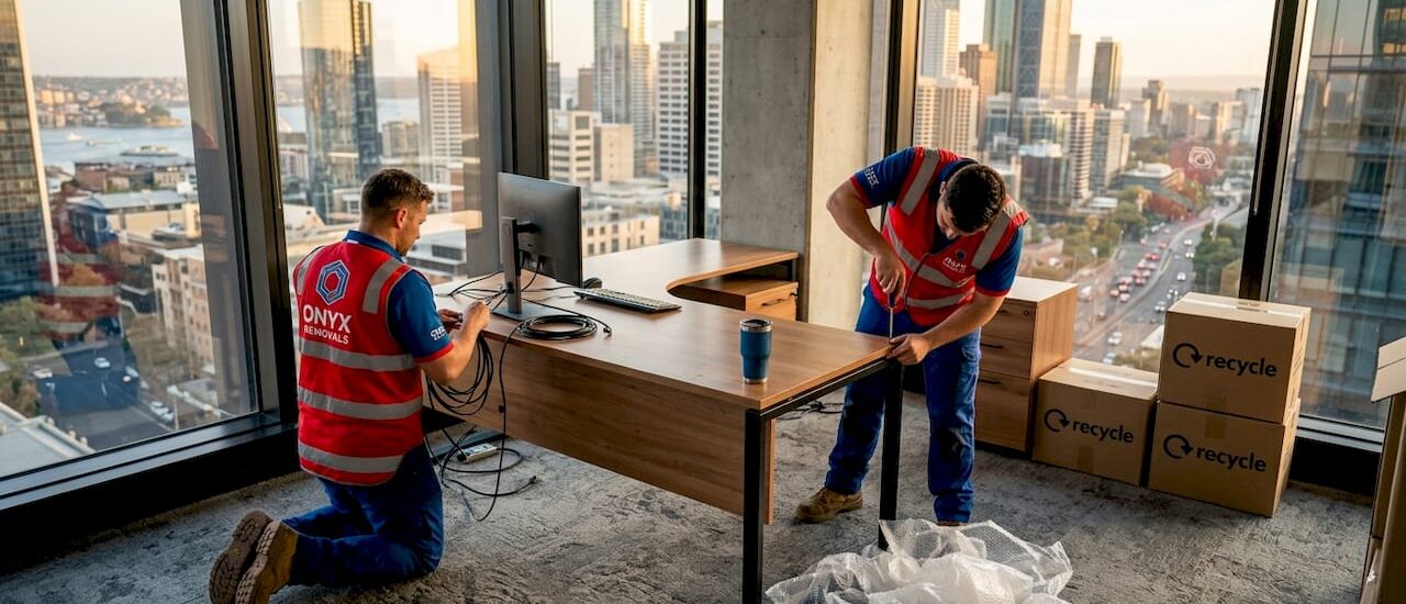 Removalists disassembling desk in office