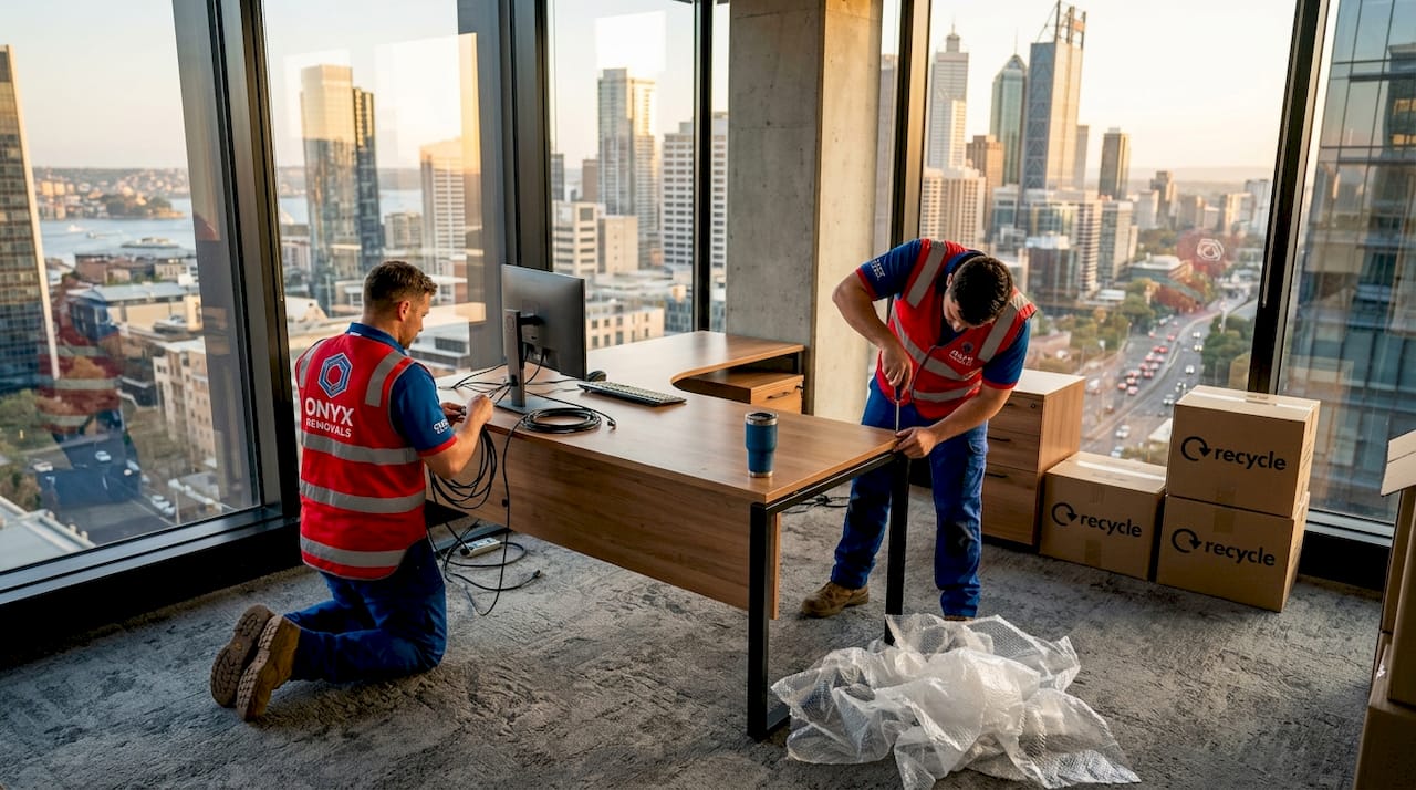 Removalists disassembling desk in office