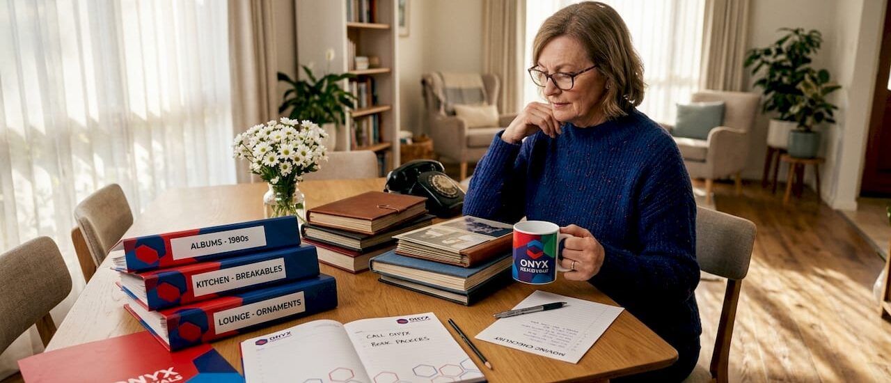 Senior woman organizing moving folders in kitchen