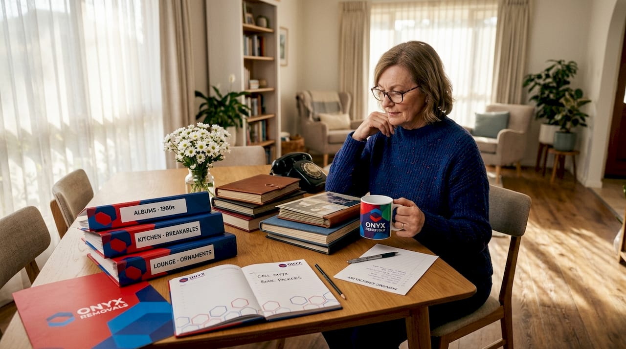 Senior woman organizing moving folders in kitchen