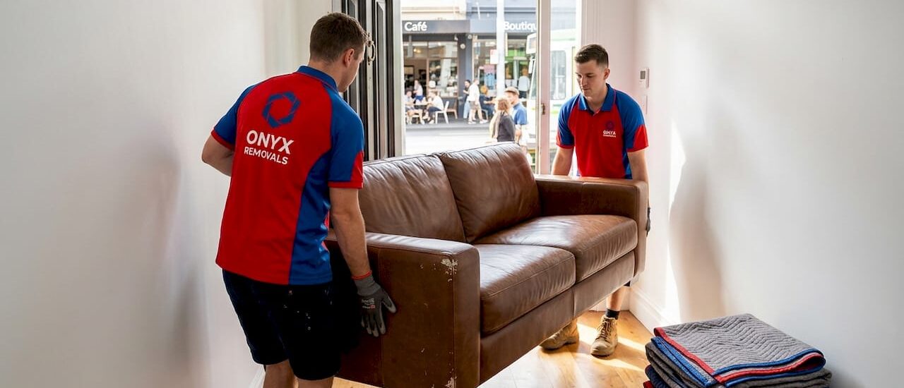 Professional movers carrying heavy couch Melbourne apartment