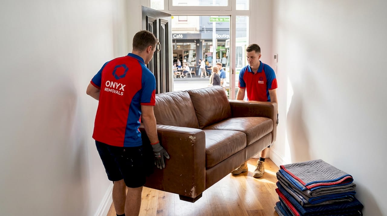Professional movers carrying heavy couch Melbourne apartment