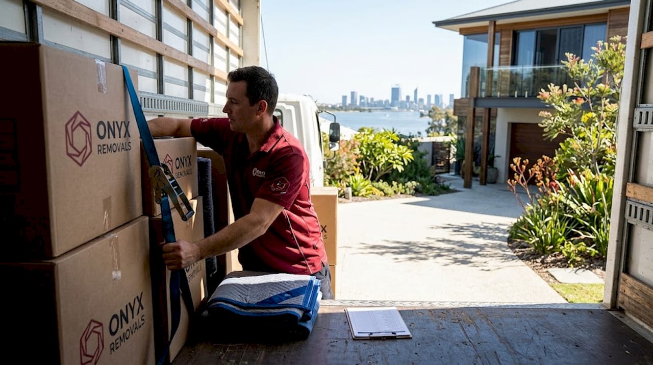 Removalist securing moving truck in Perth driveway
