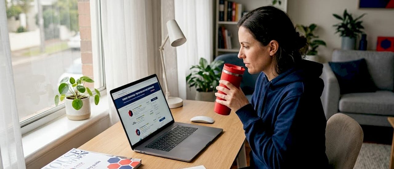 Woman researching moving companies at desk