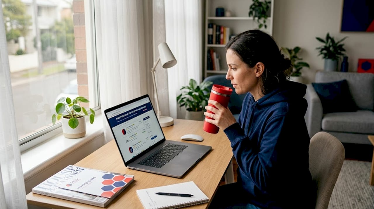 Woman researching moving companies at desk