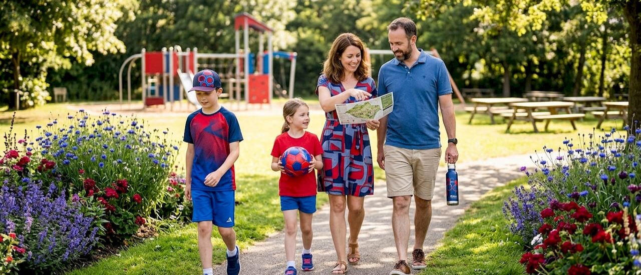 Family walking on suburban sidewalk together