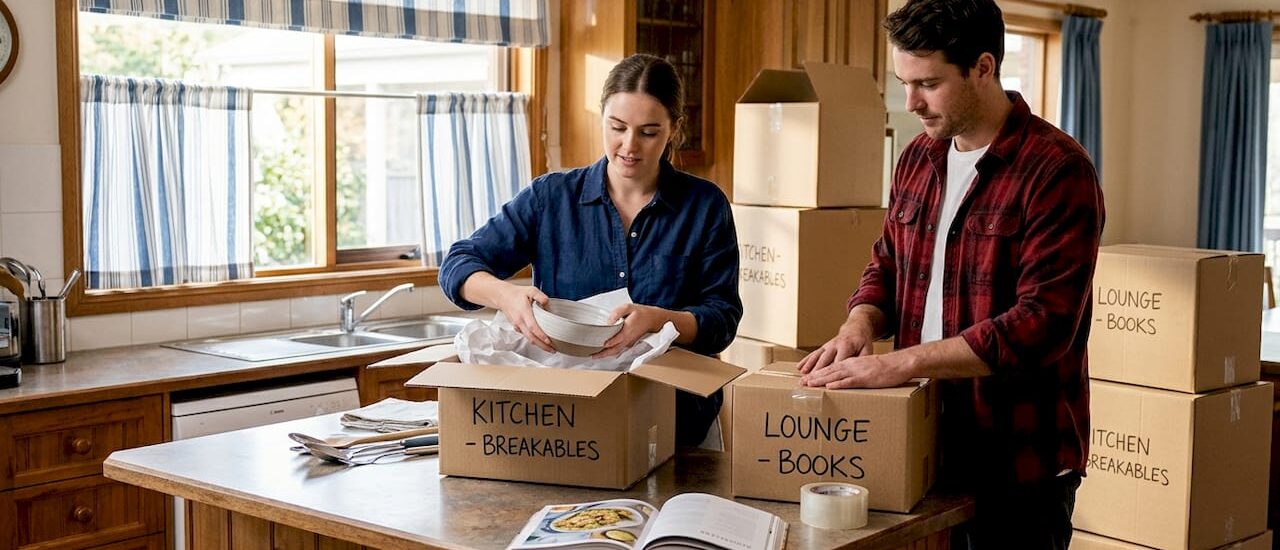 Couple packing moving boxes in apartment
