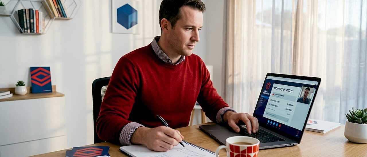 Man planning interstate move at home office desk