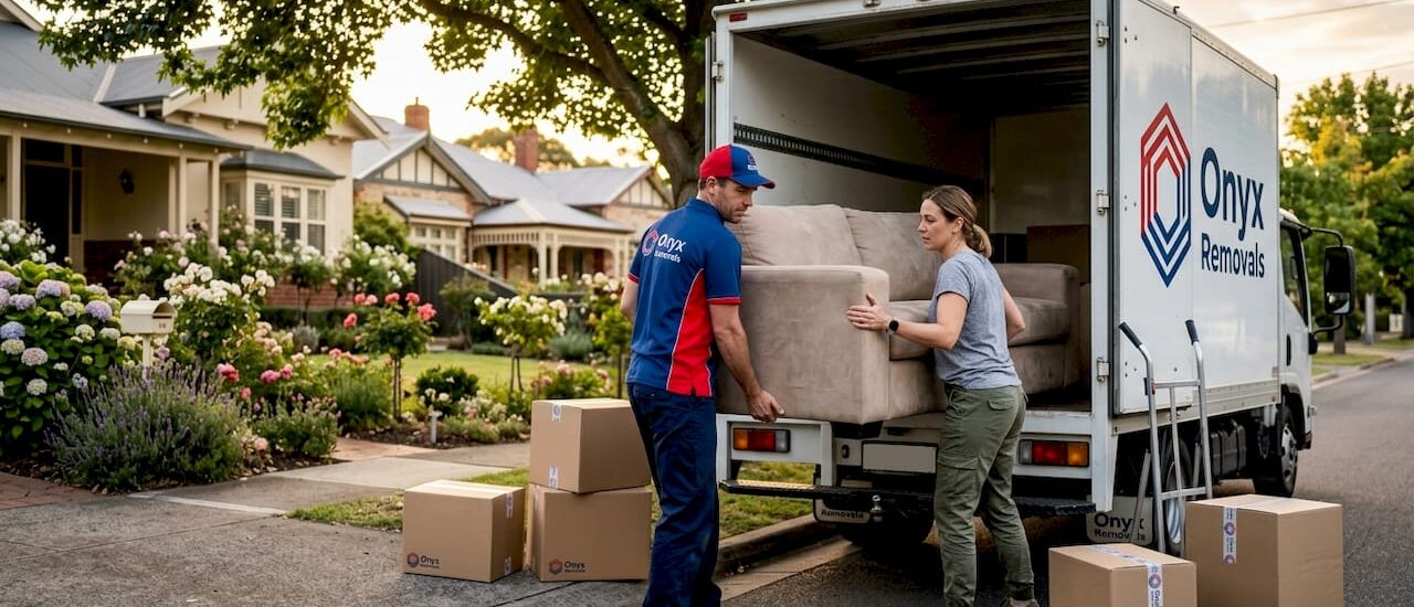 Movers loading couch onto truck