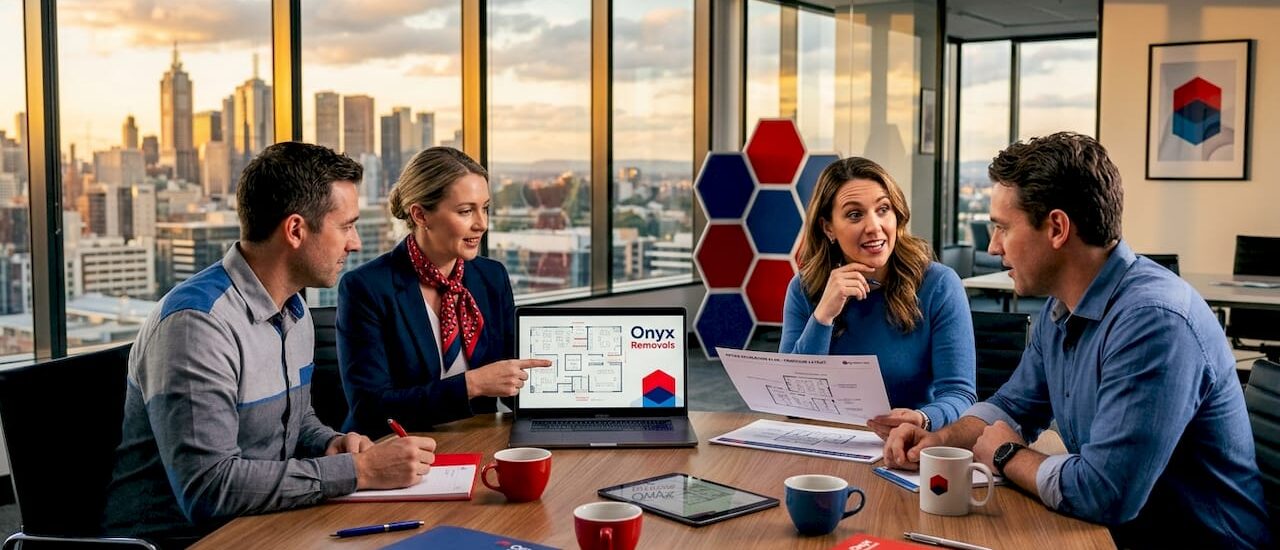 Team planning office relocation in conference room
