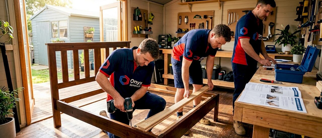 Movers dismantling bed frame in home
