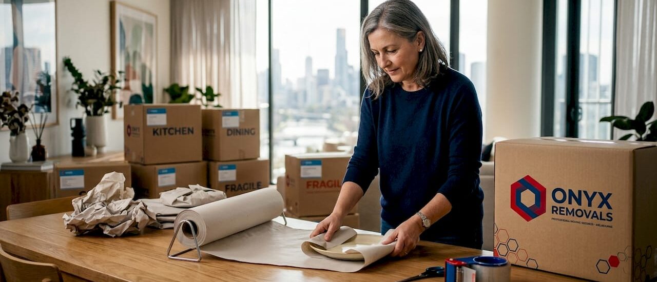 Woman wrapping fragile item with packing paper in home
