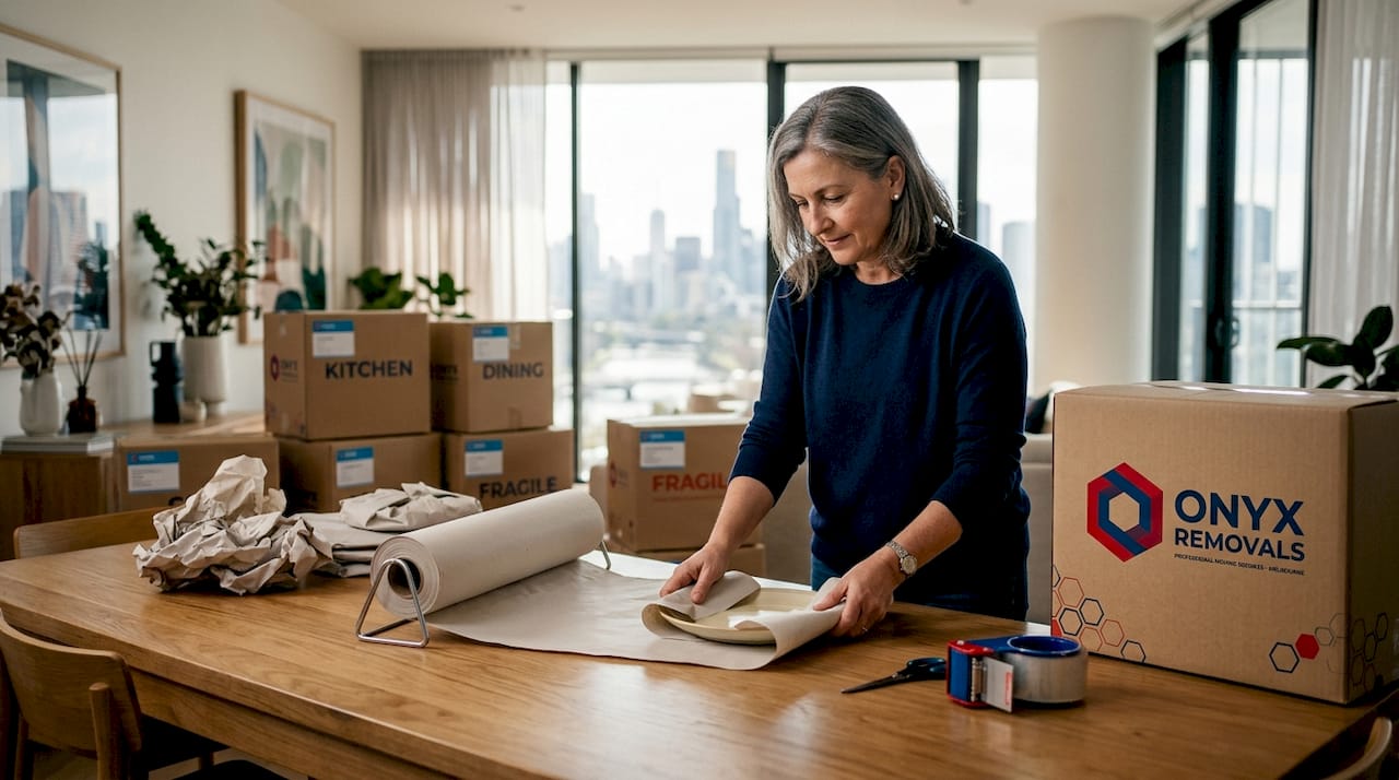 Woman wrapping fragile item with packing paper in home
