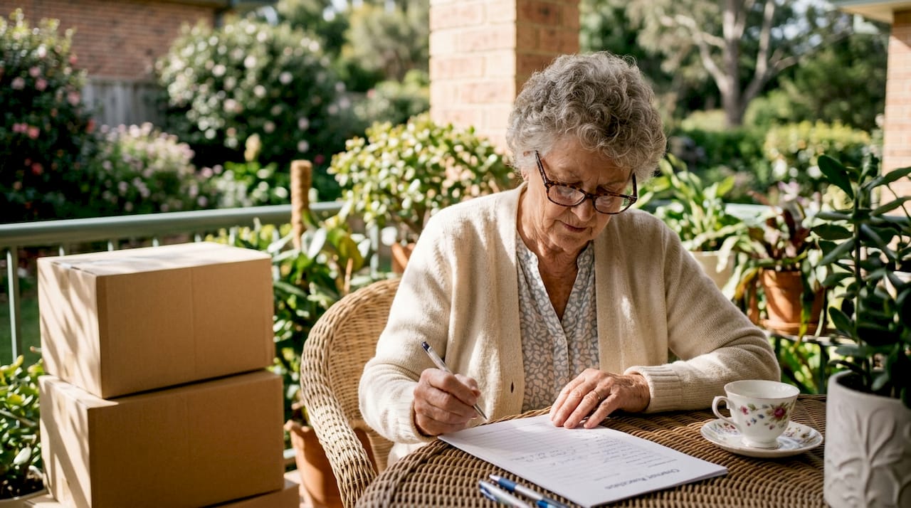 Senior woman reviewing relocation checklist at home