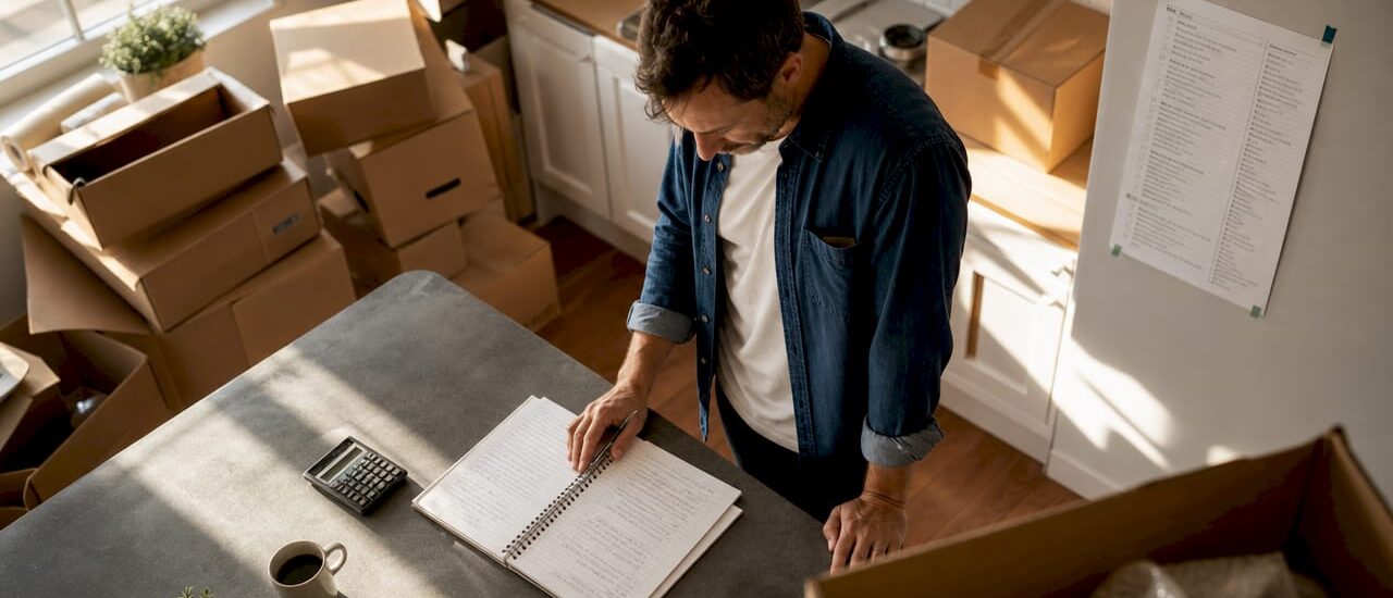 Man calculating moving costs surrounded by boxes